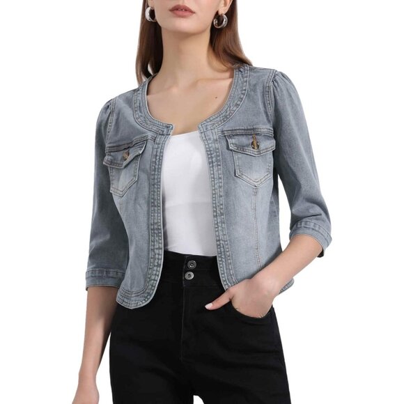 Jackets & Blazers - Women's Jean Jacket Slim Fit Casual Denim Jacket 3/4 Sleeves Outwear Gray